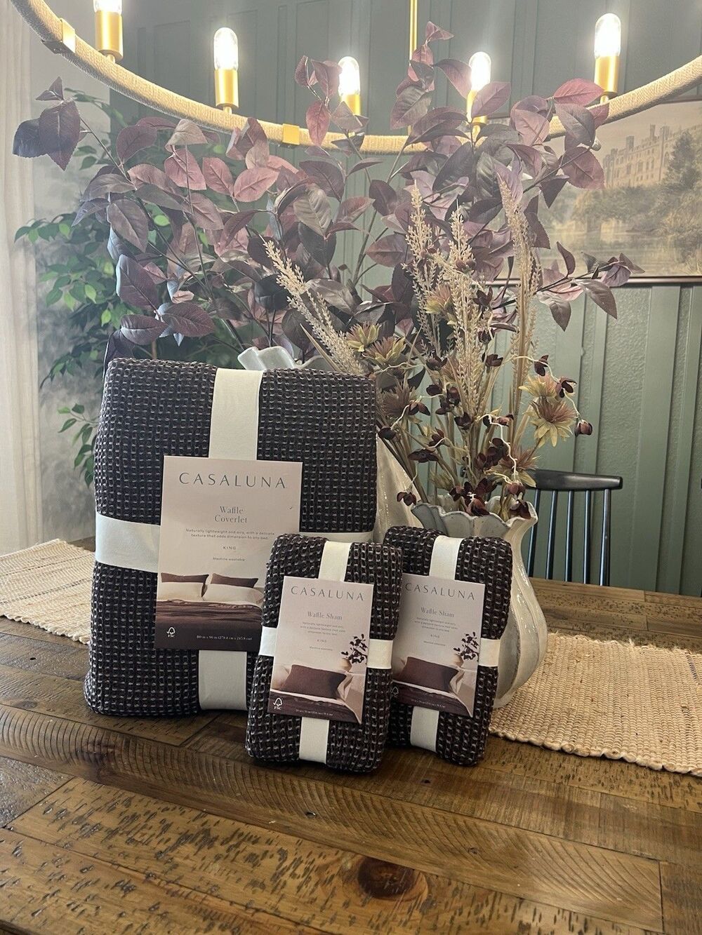 SET- King Plus Textured Waffle Coverlet And Shams - Dark Fig - Casaluna NEW